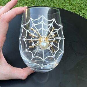 Gold Spider Web Pearl Glass Gothic Halloween Crystal Stemless Wine Glass
